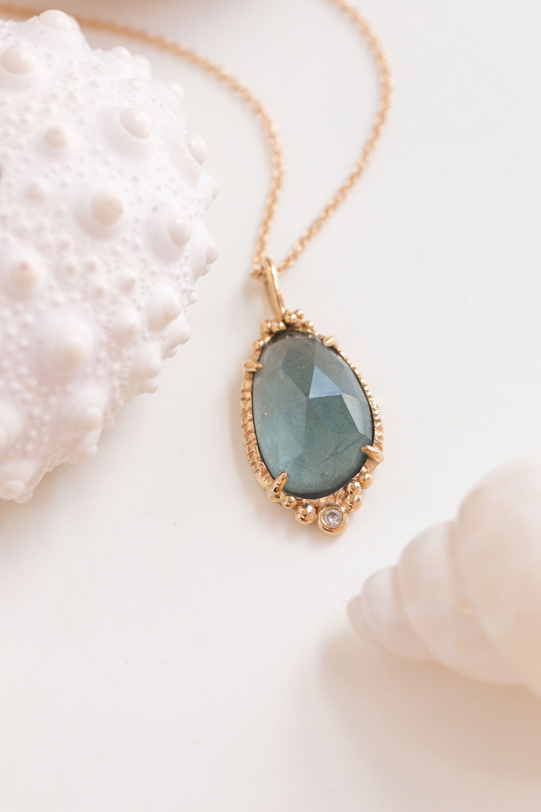 Custom Design ~ Moss Aquamarine Caviar Pendant with Diamond Accent