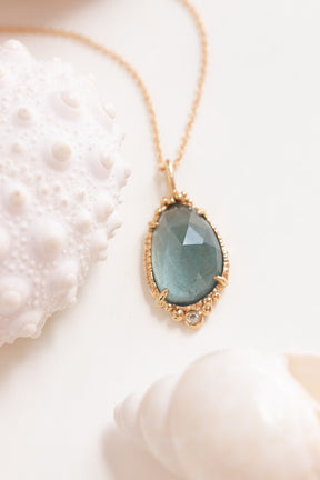 Custom Design ~ Moss Aquamarine Caviar Pendant with Diamond Accent