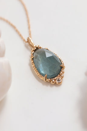 Custom Design ~ Moss Aquamarine Caviar Pendant with Diamond Accent