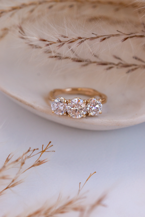 Custom Design ~ 3-Stone Diamond Engagement Ring, Flower Settings, Melt Band